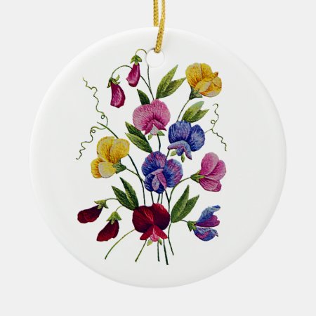Colorful Sweet Peas Embroidered Ceramic Ornament