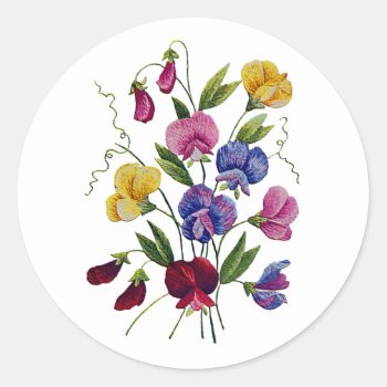 Colorful Sweet Peas Embroidered Classic Round Sticker by Crewel_Embroidery at Zazzle