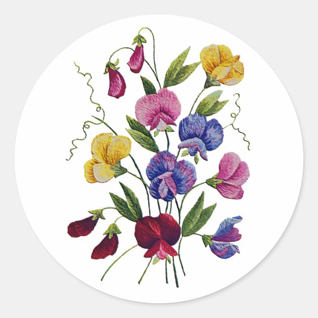 Colorful Sweet Peas Embroidered Classic Round Sticker (Front)