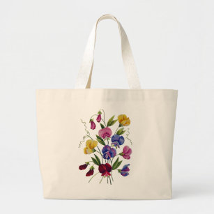 Colorful Sweet Peas Embroidered Large Tote Bag