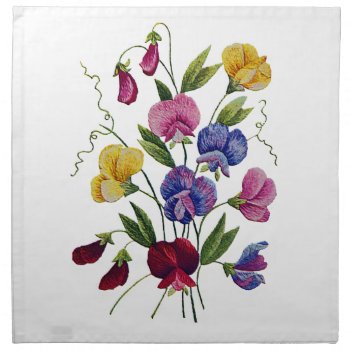 Colorful Sweet Peas Embroidered Napkin by Crewel_Embroidery at Zazzle