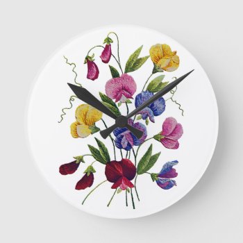 Colorful Sweet Peas Embroidered Round Clock by Crewel_Embroidery at Zazzle