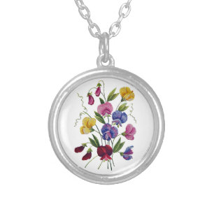 Colorful Sweet Peas Embroidered Silver Plated Necklace