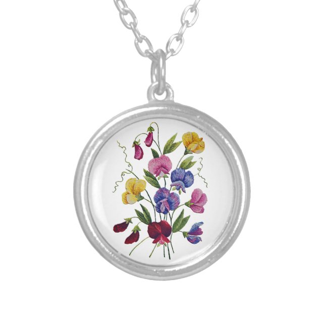 Colorful Sweet Peas Embroidered Silver Plated Necklace (Front)