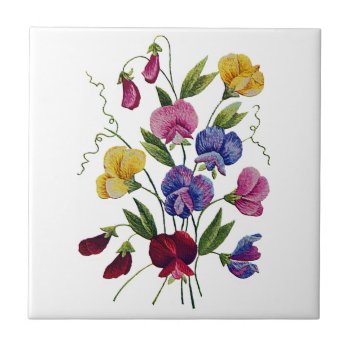 Colorful Sweet Peas Tile by Crewel_Embroidery at Zazzle