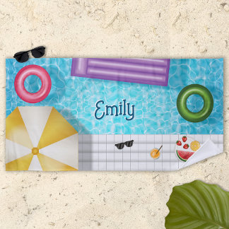 Colorful Swimming Pool And Pool Things With Name Beach Towel