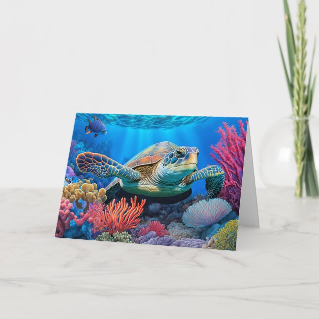 Colorful Swimming Sea Turtle Card (Front)