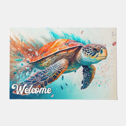Colorful Swimming Sea Turtle Doormat