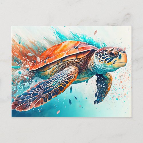Colorful Swimming Sea Turtle Happy Birthday Postcard