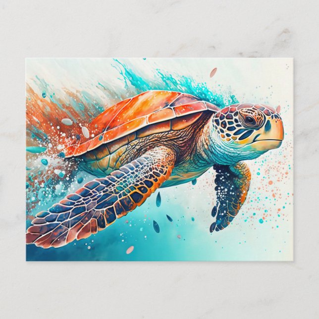 Colorful Swimming Sea Turtle Happy Birthday Postcard (Front)