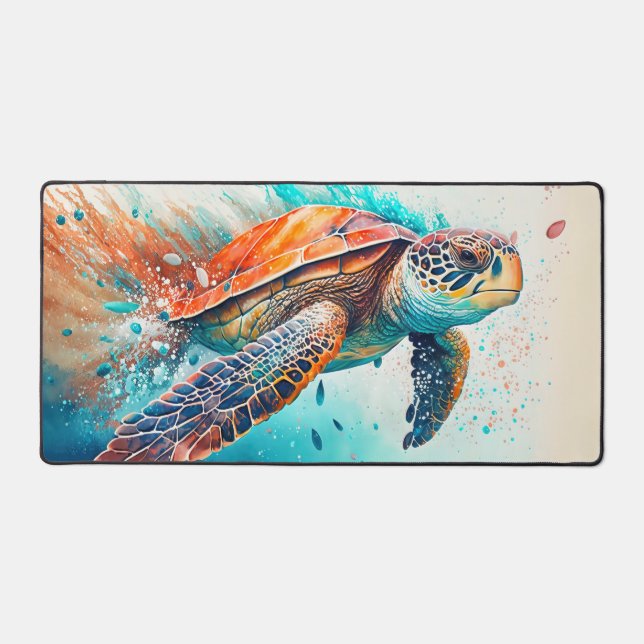 Colorful Swimming Sea Turtle Illustration Desk Mat (Front)