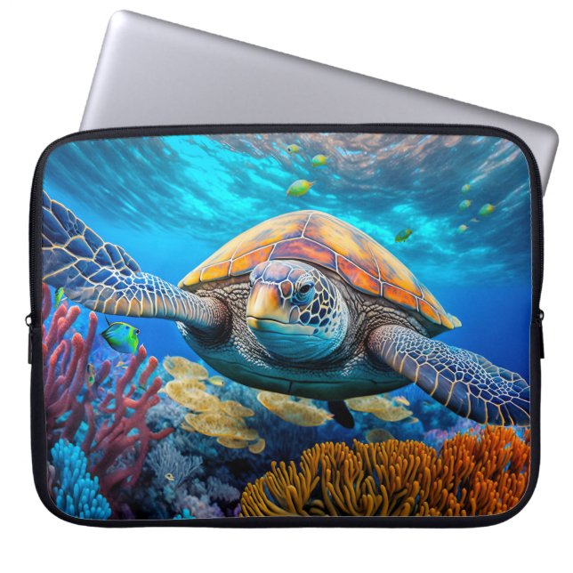 Colorful Swimming Sea Turtle Laptop Sleeve (Front)
