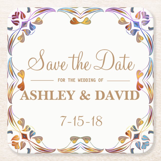 Colorful Swirl Border Save The Date Coaster (Front)