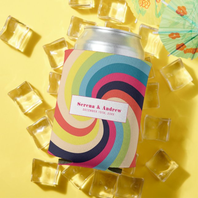 Colorful Swirl Retro Wedding  Can Cooler (In Situ Summer)