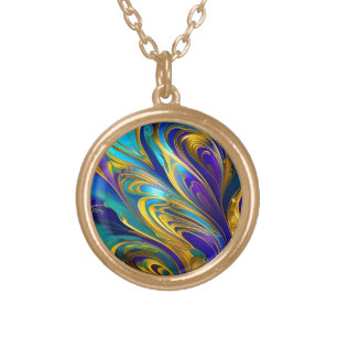 Colorful Swirls Abstract, blue gold purple Gold Plated Necklace