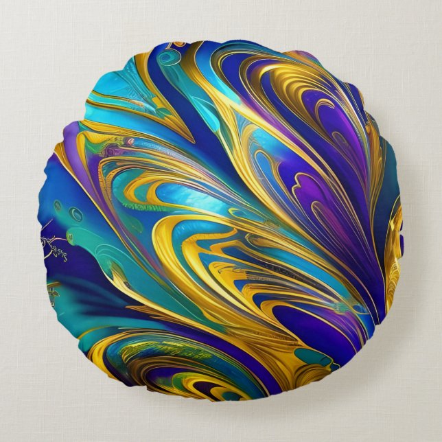 Colorful Swirls Abstract, blue gold purple Round Pillow (Front)