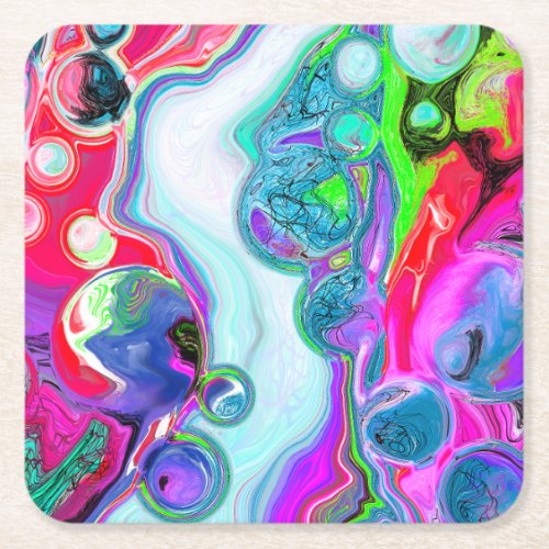 Colorful Swirls Abstract Bubbles Fluid Art      Square Paper Coaster