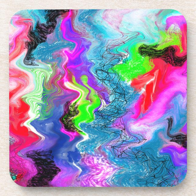 Colorful Swirls and Lines Abstract Fluid Art   Beverage Coaster (Front)