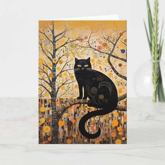 Colorful Swirls and Whirls Black Cat Card (Front)