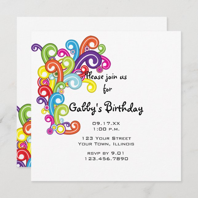 Colorful Swirls Birthday Party Invitation (Front/Back)