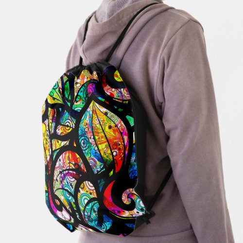 Colorful Swirls Collage Stained Glass Look Drawstring Bag