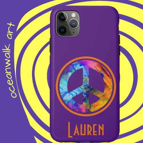 Colorful Swirls Peace Sign on Bold Purple iPhone 11 Pro Max Case
