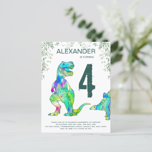 Colorful T Rex Birthday Party Budget  Invitation Postcard