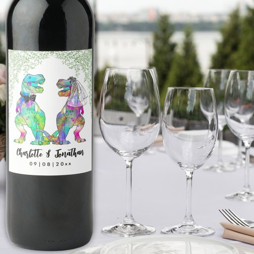 Colorful T_Rex Bride and Groom Dinosaur Wedding Wine Label