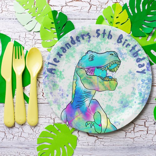 Colorful T_Rex Dinosaur 5th Birthday Party  Paper Plates