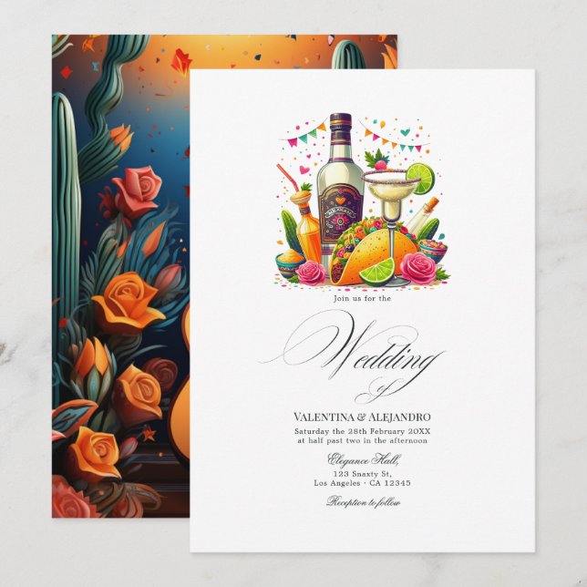 Colorful Tacos and Tequila Fiesta Wedding Invitation (Front/Back)