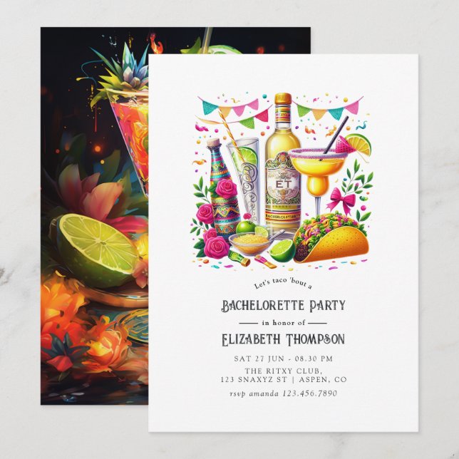 Colorful Tacos & Tequila Fiesta Bachelorette Bash Invitation (Front/Back)