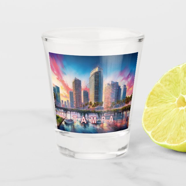 Colorful Tampa Skyline Abstract Art Shot Glass (Front)
