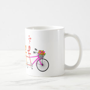 colorful tandem bicycle with cute birds family coffee mug