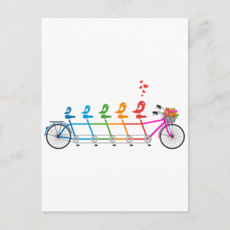 colorful tandem bicycle with cute birds family postcard