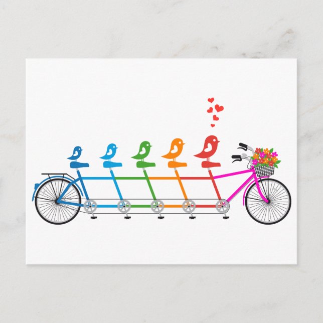 colorful tandem bicycle with cute birds family postcard (Front)