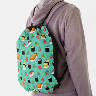 Colorful Tasty Teal Sushi Pattern Drawstring Bag