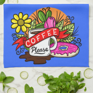 Colorful Tattoo Coffee and Donut Kitchen Towel