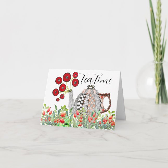 Colorful Tea Time Teapot Greeting Card  (Front)