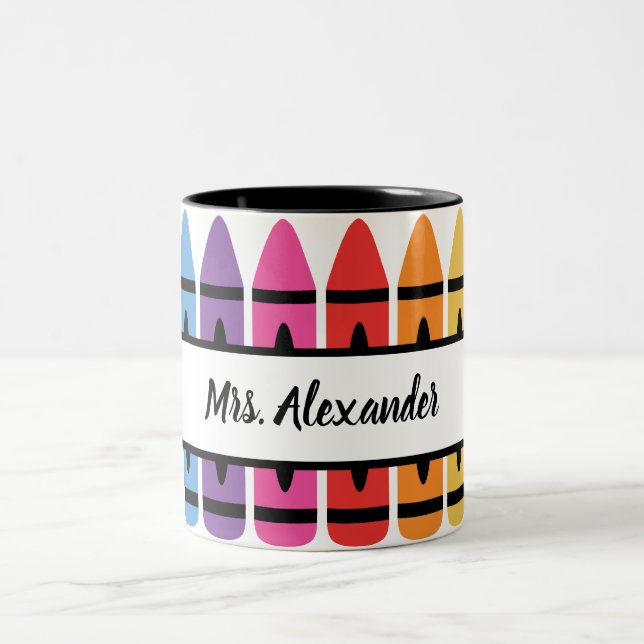Colorful Teacher Appreciation Crayon Monogram Two-Tone Coffee Mug (Center)