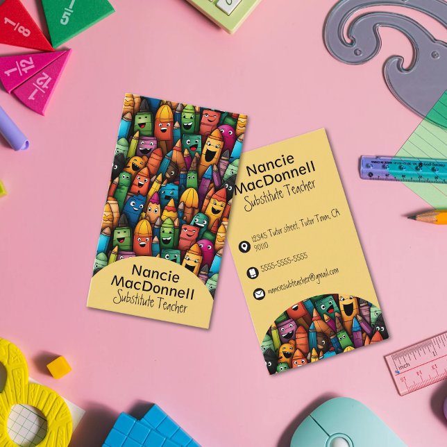 Colorful Teacher Education Cartoon Pen Pattern Business Card (Colorful Teacher Education Cartoon Pen Pattern Business Card)