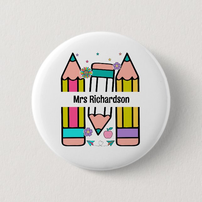 Colorful teacher name pencil cartoon  button (Front)