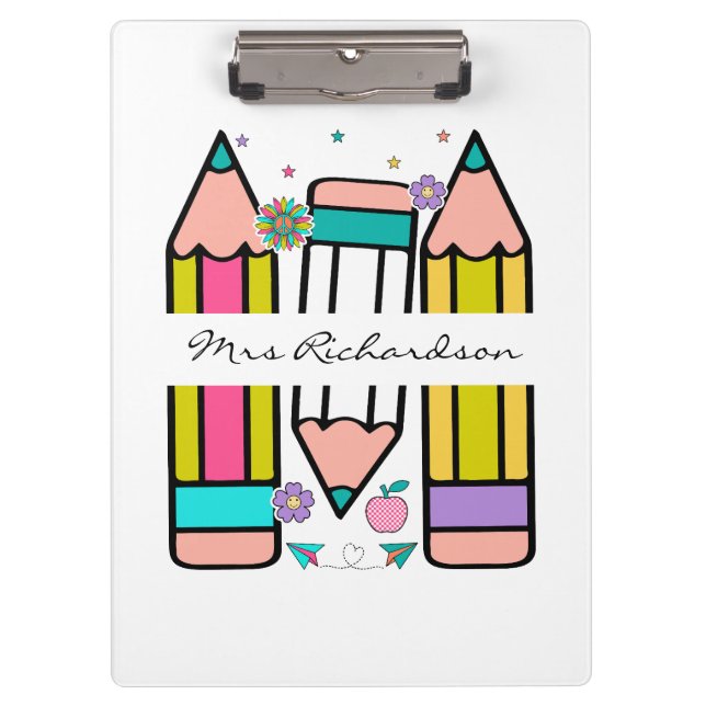 Colorful teacher name pencil cartoon  clipboard (Front)