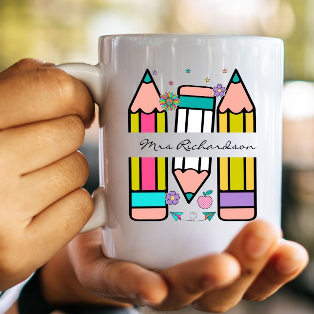 Colorful teacher name pencil cartoon  coffee mug (Creator Uploaded)