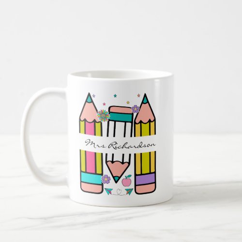 Colorful teacher name pencil cartoon  coffee mug
