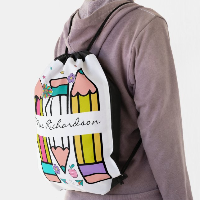 Colorful teacher name pencil cartoon  drawstring bag (Insitu)