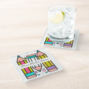 Colorful teacher name pencil cartoon glass coaster