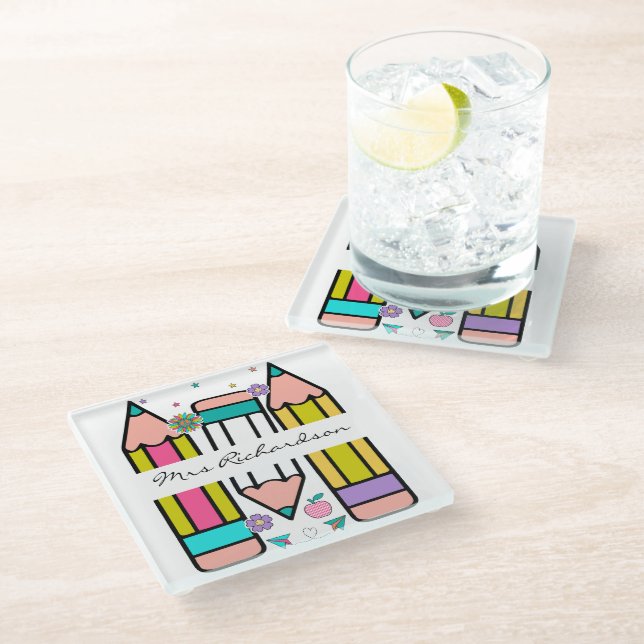 Colorful teacher name pencil cartoon  glass coaster (Angled)
