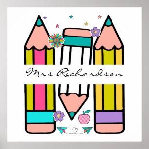 Colorful teacher name pencil cartoon poster