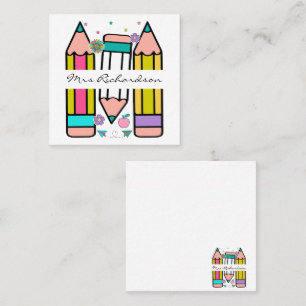 Colorful teacher name pencil cartoon  square business card
