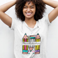Colorful teacher name pencil cartoon t-shirt